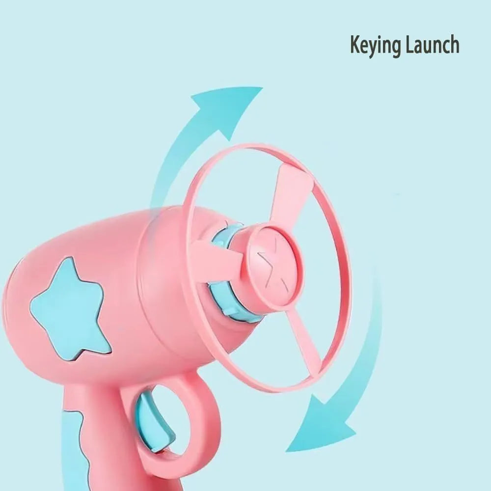 Blue plastic cat toy gun with spinning Frisbee launcher for indoor feline entertainment