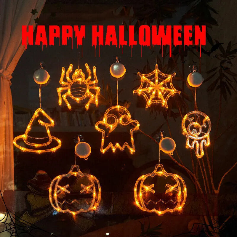 Halloween window hanging LED lights with seven designs including spider, pumpkin, ghost, and bat motifs
