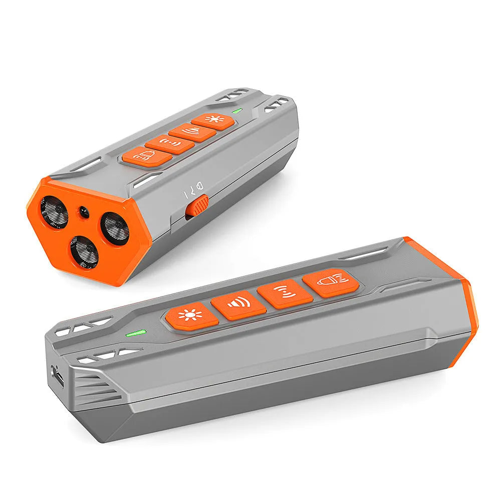 Three-head ultrasonic dog trainer with adjustable frequency control in grey orange colour