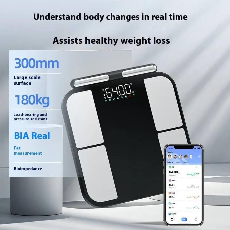 Black electronic body fat weighing scale with colour screen on tempered glass platform