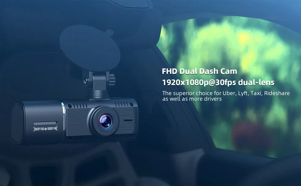 Black dashboard camera for car with 1.5-inch screen, shown with car charger and mounting stand.