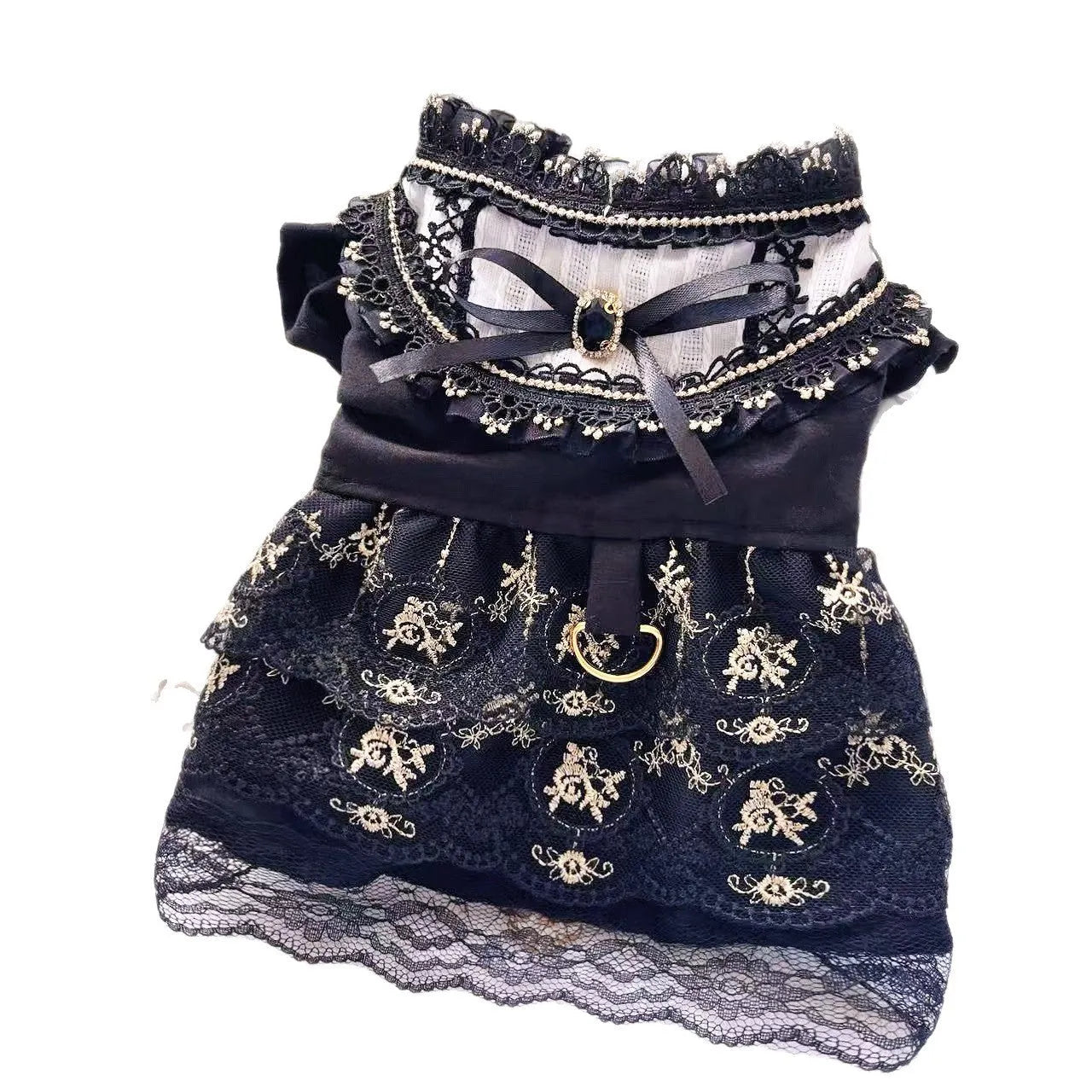Golden gothic princess skirt costume for small cat or dog with detailed sizing information