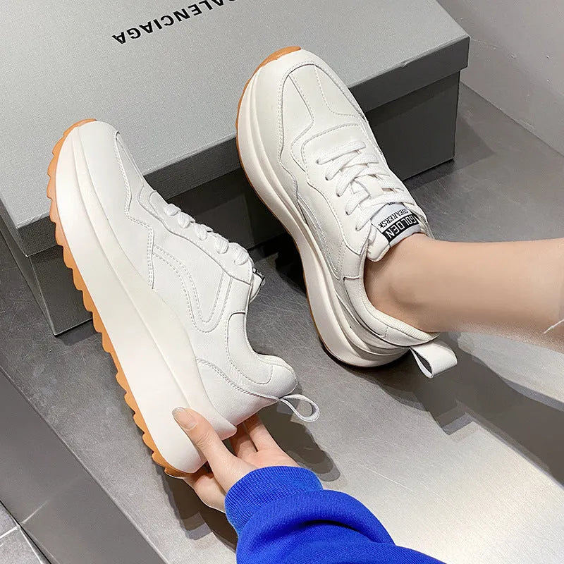Beige women's cattlehide leather casual sports shoes with cross strap and English muffin heel