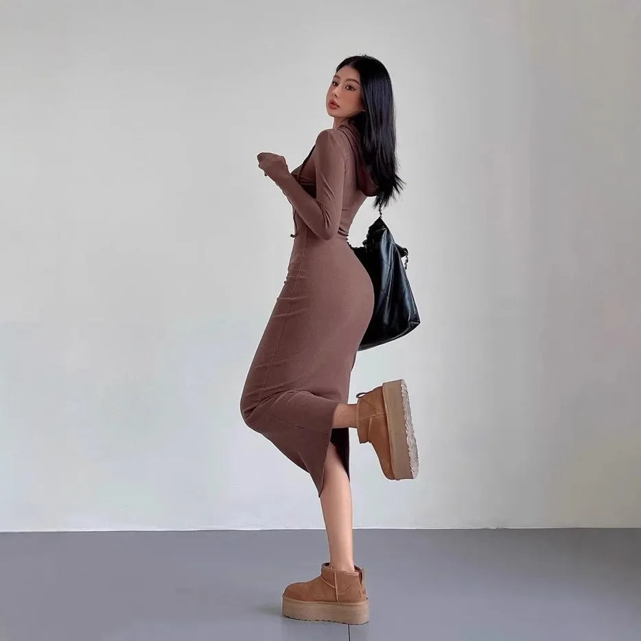 Women's grey hooded sheath dress with long sleeves and high waist, knee-length polyester fabric