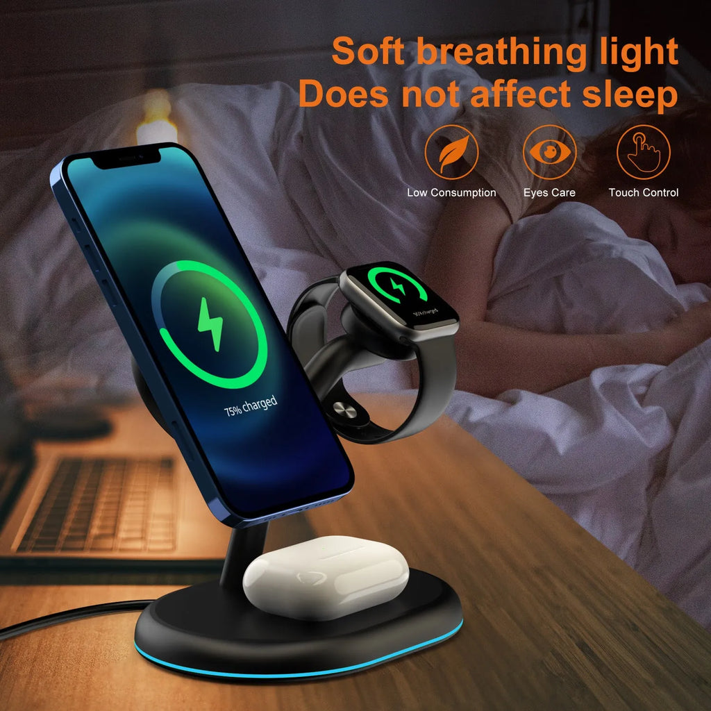 Black three-in-one magnetic wireless charger with ABS construction showing charging surface