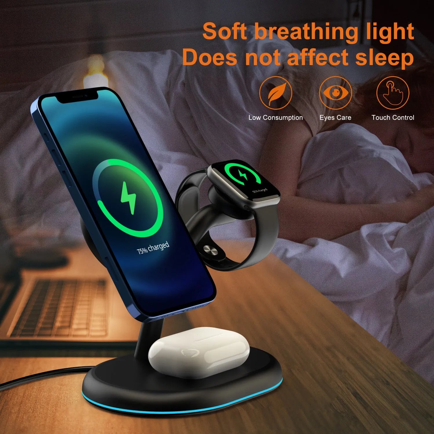 Black three-in-one magnetic wireless charger with ABS construction showing charging surface