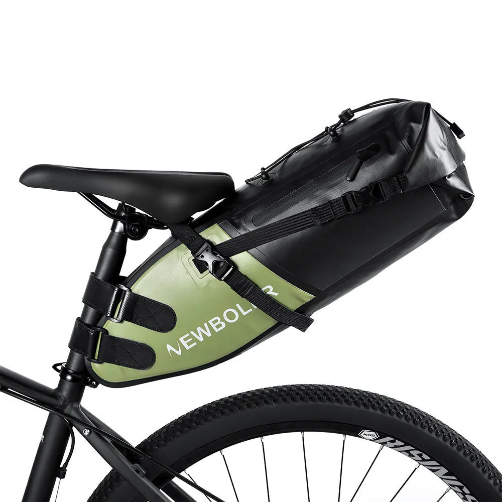 Waterproof PVC bicycle tail bag with 13L capacity mounted on bike rear