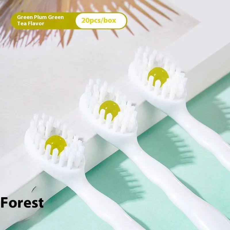 Box of Bead disposable toothbrushes showing mint, peach, and plum green tea flavour options.