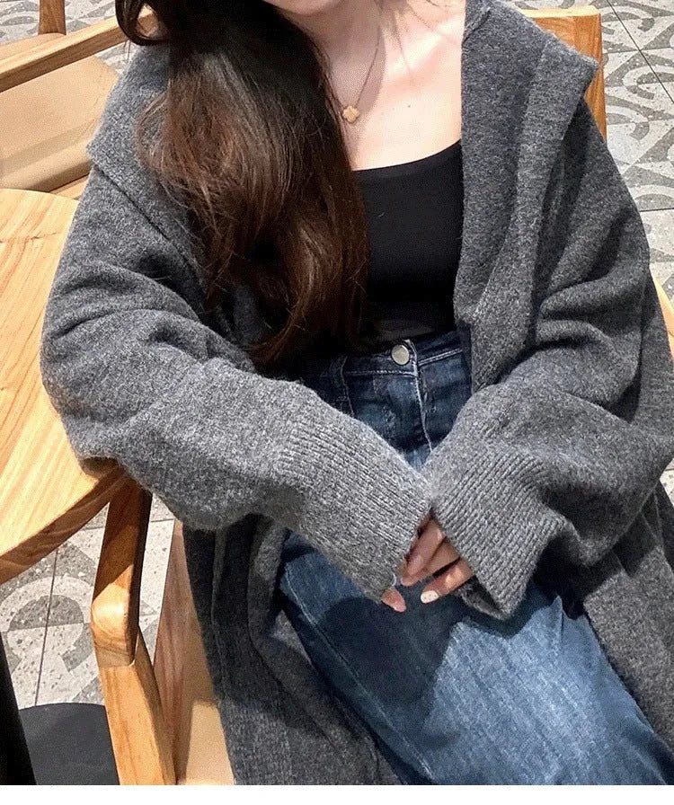 Korean style women's long hooded knit cardigan in oatmeal colour, loose fit.