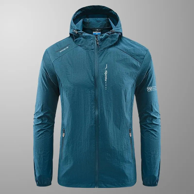 Light grey loose-fit men's nylon hooded jacket for summer outdoor wear
