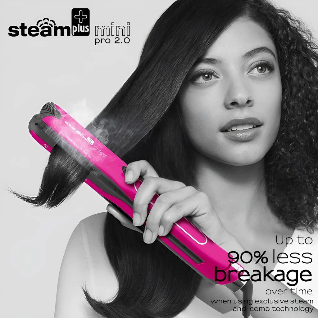 Mini hair straightener with steam spray function in rose red colour on a white background.