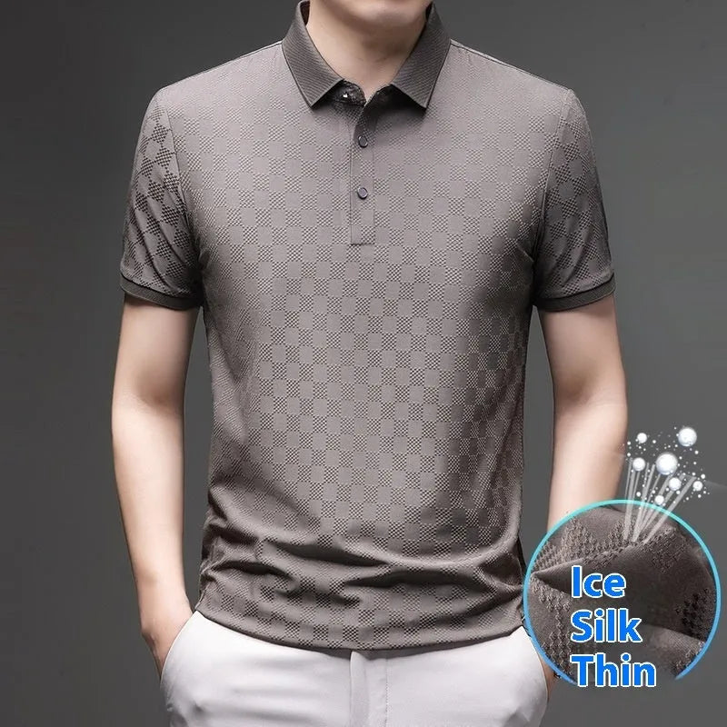 Rhombus pattern thin short sleeve T-shirt with slit side detail in black, green, or brown.