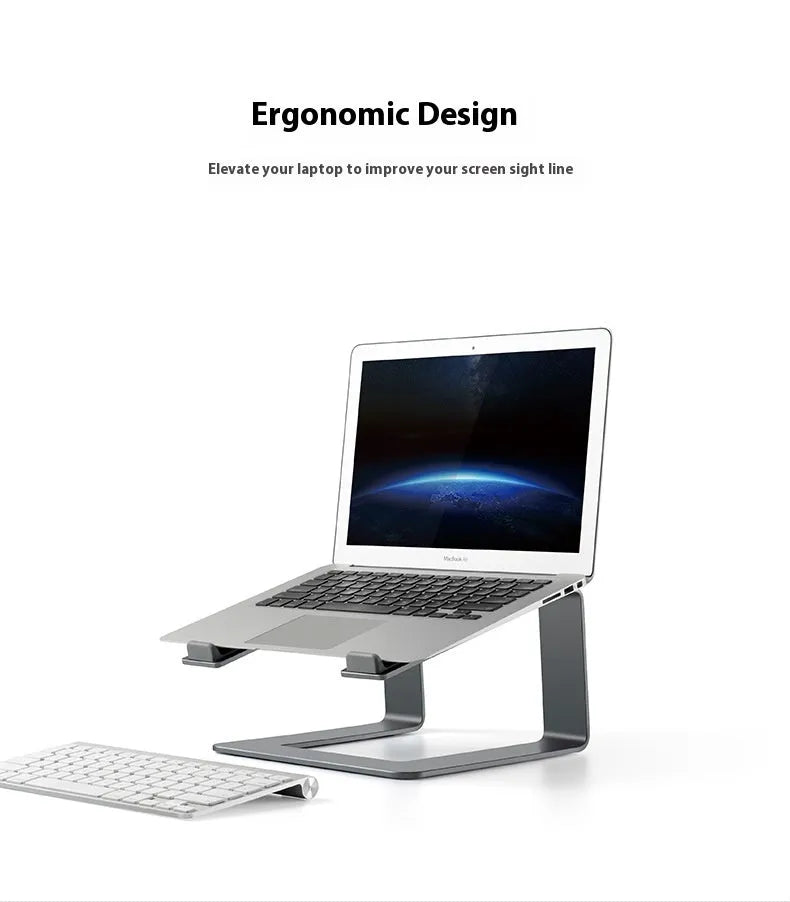 Black aluminium alloy laptop stand on desk with laptop elevated for cooling