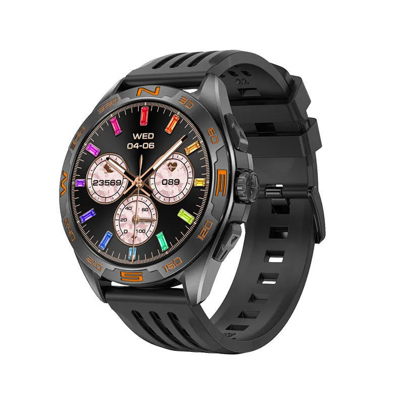 Smart watch displaying health metrics on IPS screen, available in black, silver, black steel, or silver steel.