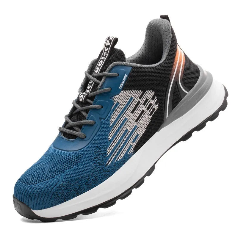 Men's blue safety work shoes with plastic toe cap, Flyknit mesh upper, and non-slip PU sole