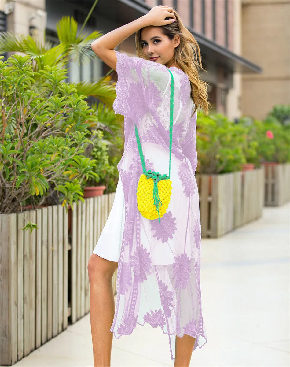 Light purple women's beach dress with lace embroidery detail for swimming and beachwear