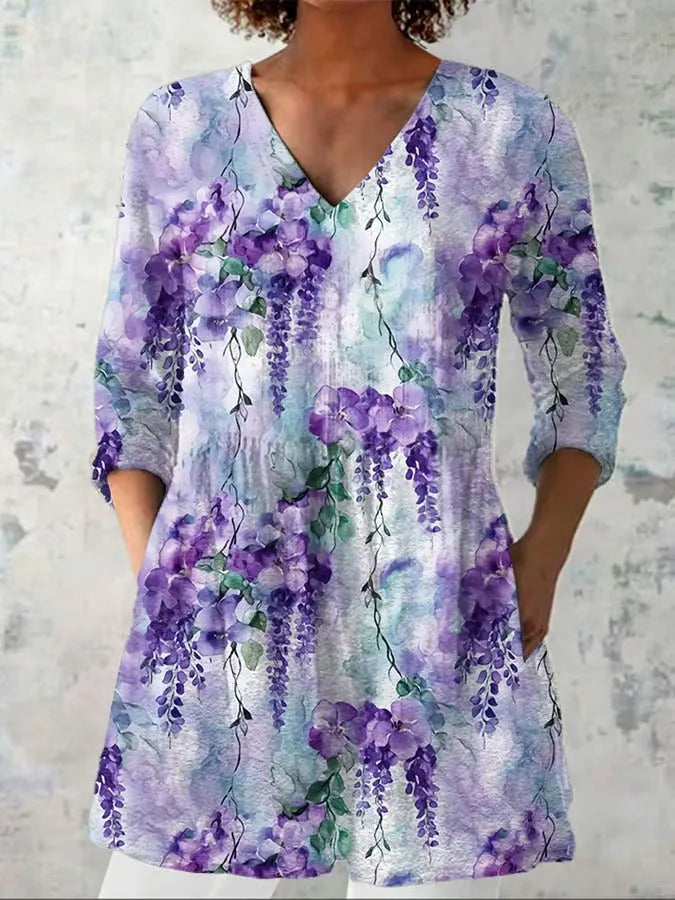 Women's retro slim-fit printed long-sleeved top in a digital print pattern, available in multiple colours.