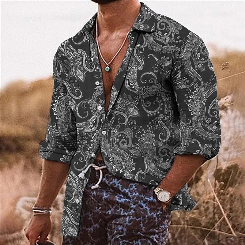 Men's Bohemian style shirt with 3D floral pattern printing, long sleeves and loose fit