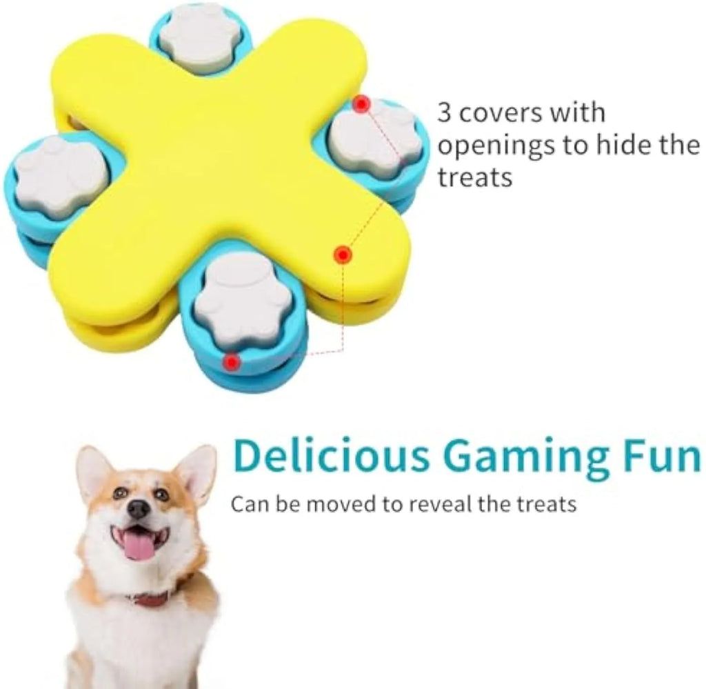 Yellow three-layer rotating dog puzzle feeder with anti-slip base for slow feeding and mental stimulation