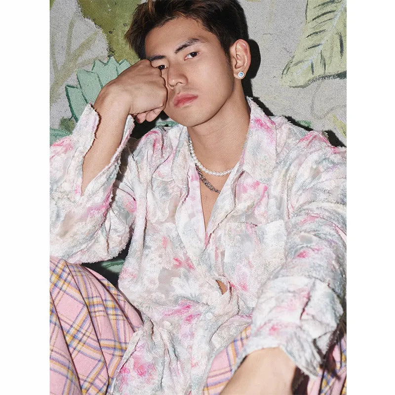 Men's floral long sleeve shirt with embossed pattern in loose fit design