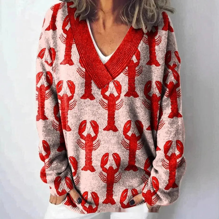 Women's V-neck long sleeve sweatshirt with a blue and white 3D floral print pattern.