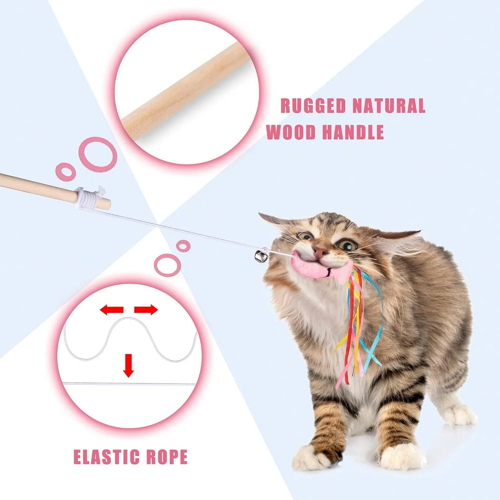 Cat wand toy with colourful ribbons, catnip fish, and bell on wooden handle
