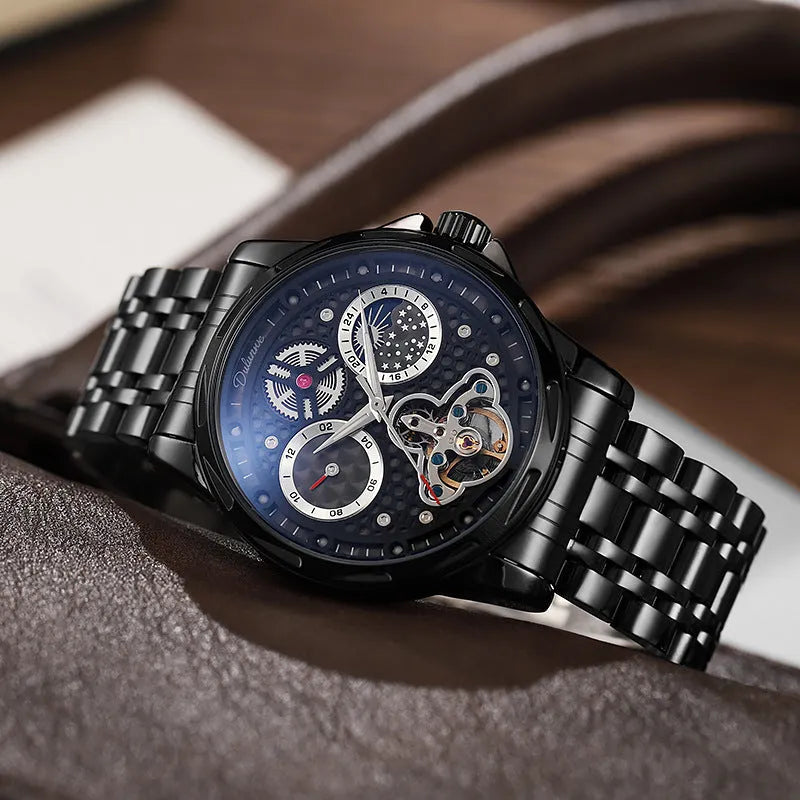 Men's 6060C automatic waterproof luminous watch with steel case and optional leather strap in black or white.