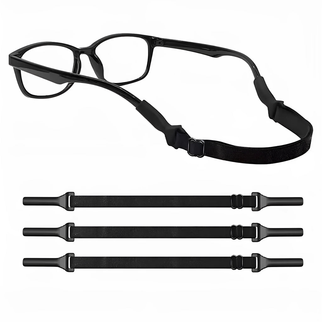 Black adjustable glasses cord with silicone earpiece tips shown on spectacles