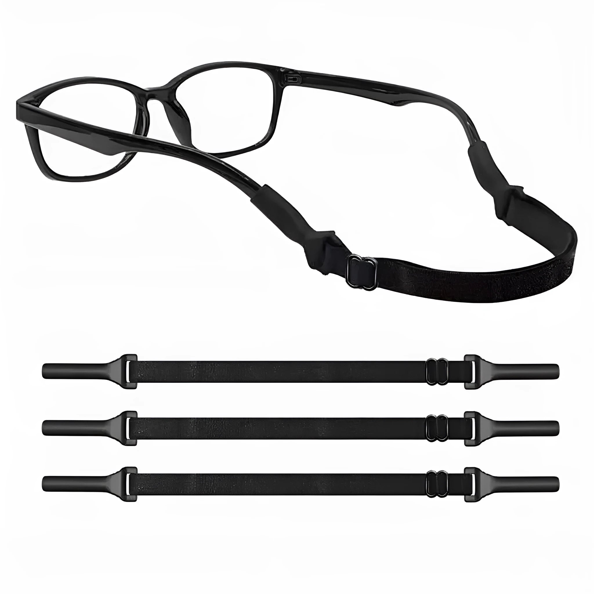 Black adjustable glasses cord with silicone earpiece tips shown on spectacles