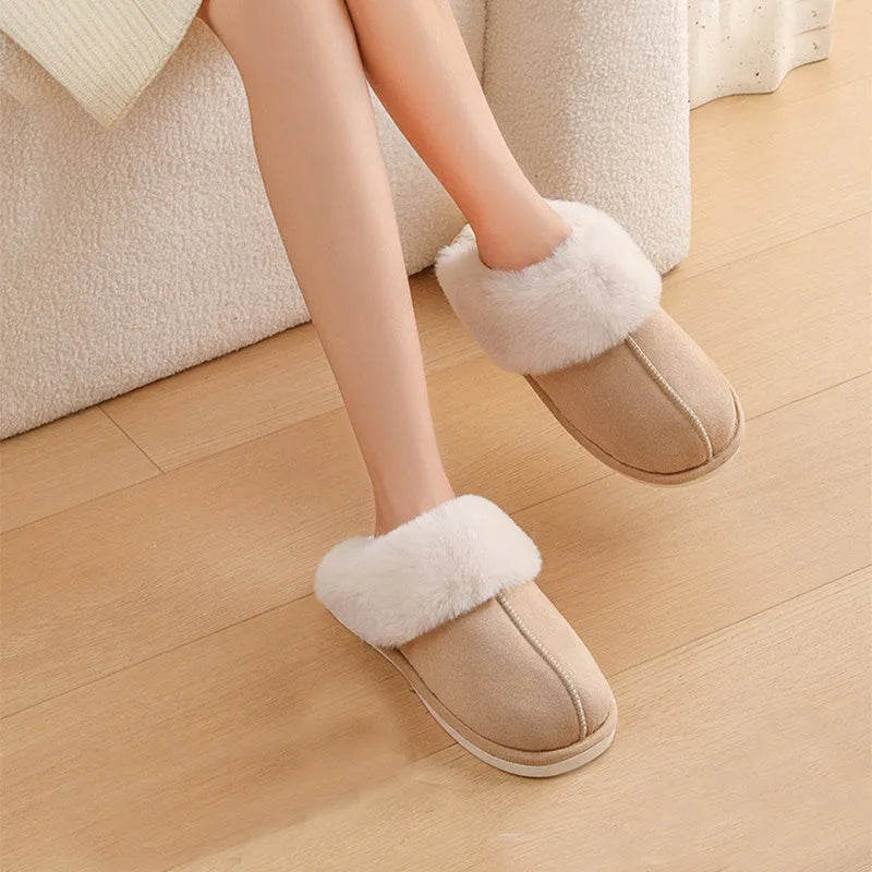 Brown women's plush indoor slippers with round toe, flat heel, and textured PVC anti-slip sole.