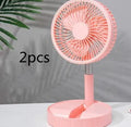Black portable telescopic folding fan extended to full height showing ABS plastic body and aluminium alloy stand