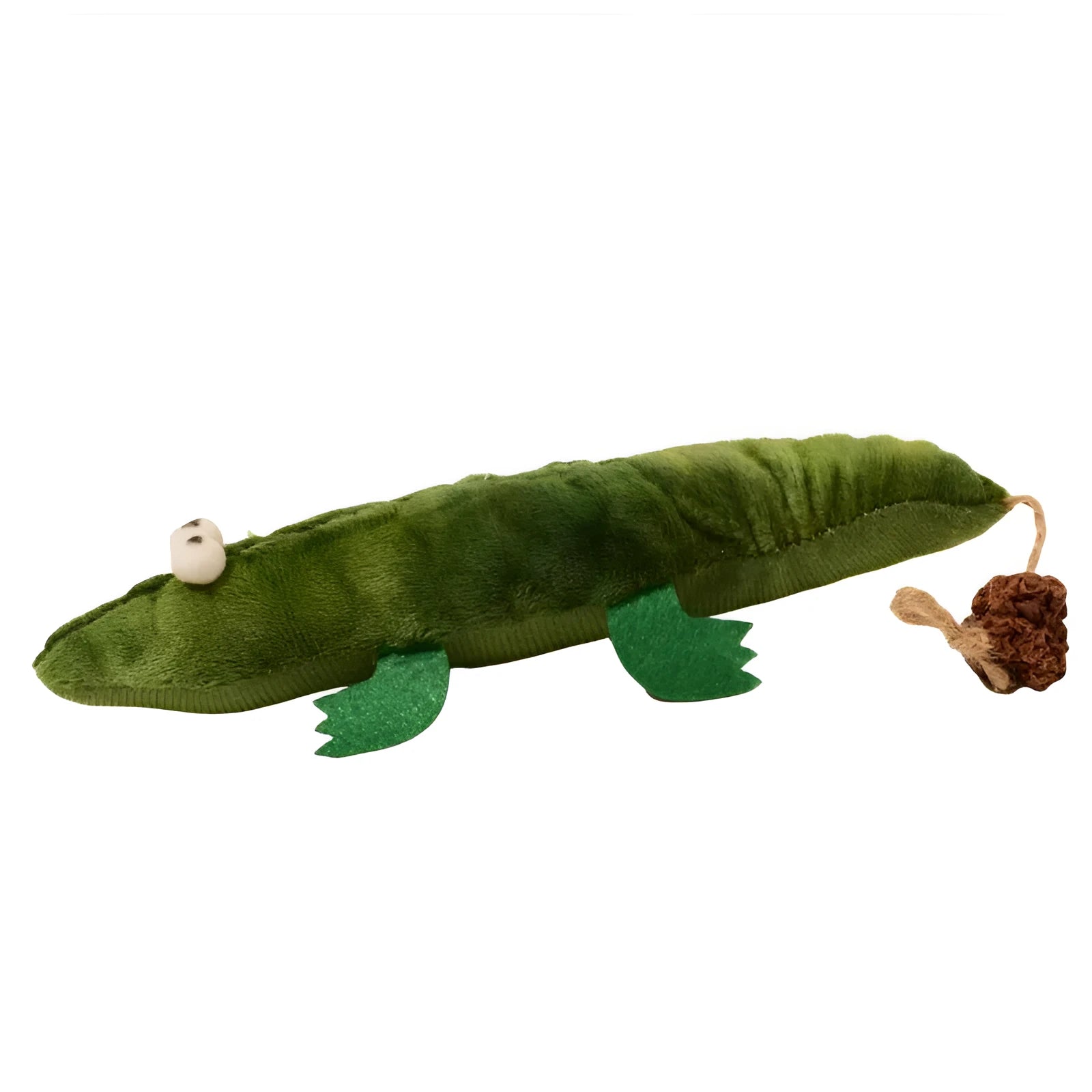 Green plush alligator cat toy with catnip and peppermint scent for oral cleansing