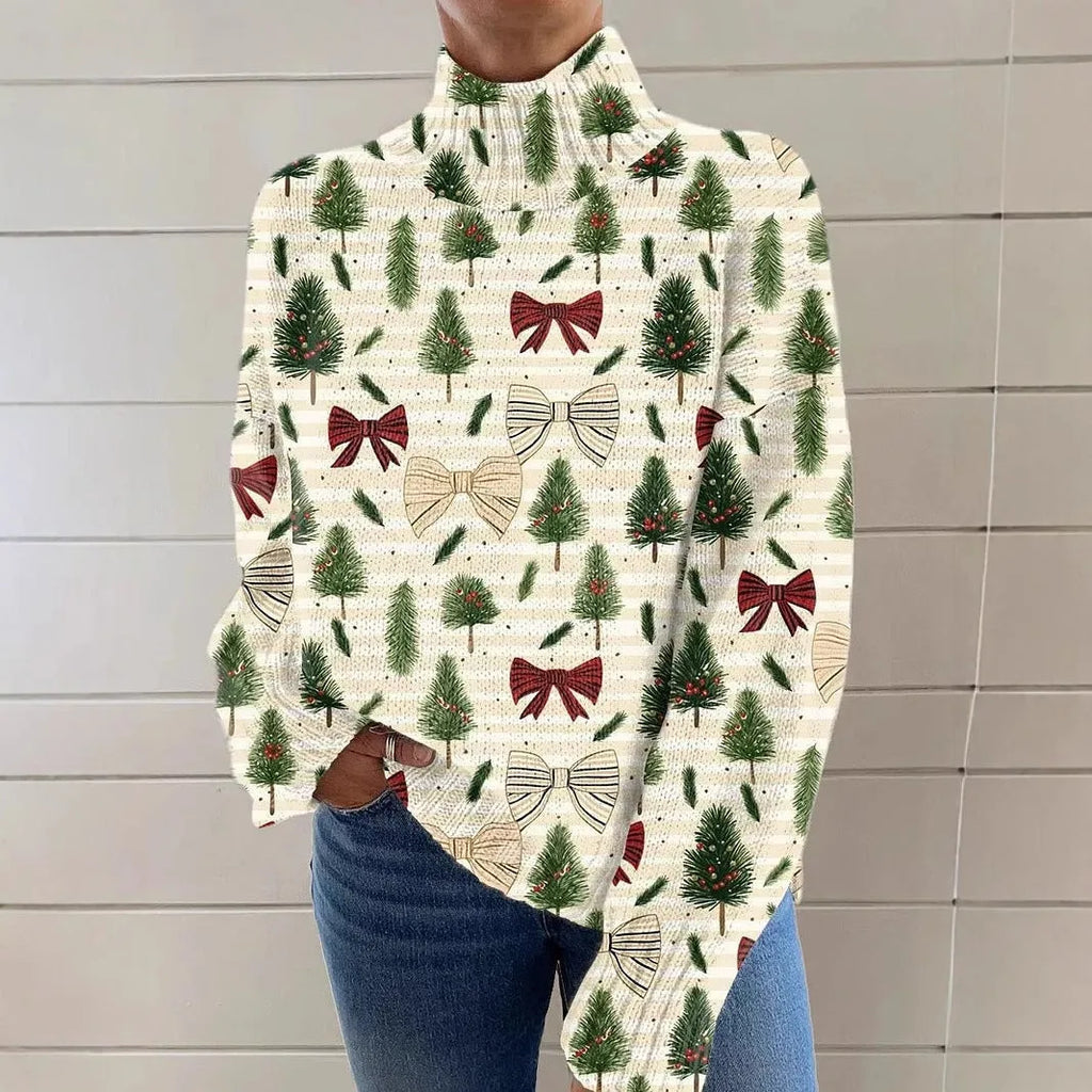 Women's loose fit Christmas print turtleneck sweater in a soft macaron colour.