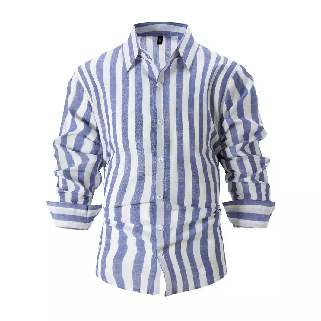 Men's loose striped long-sleeved cardigan shirt in British style on a hanger