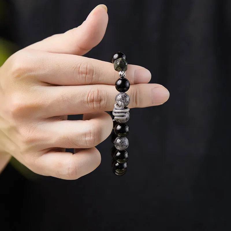 Men's S925 sterling silver snake bracelet with obsidian black crystal hair, 10mm width, retro zodiac style