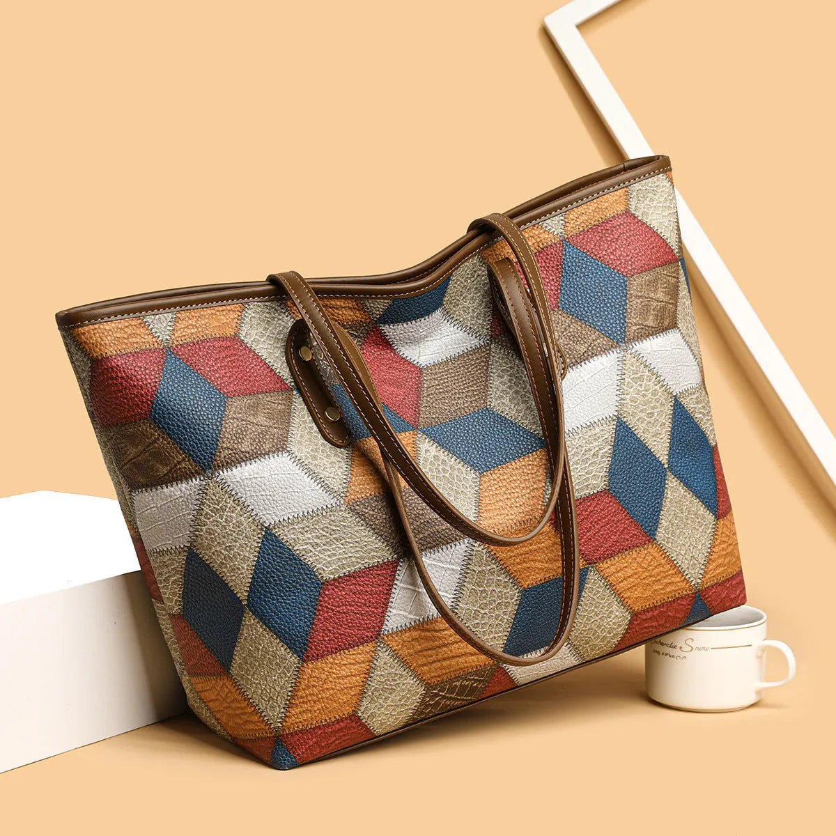 Blue brown women's PVC handbag with sandwich pocket design for business and travel