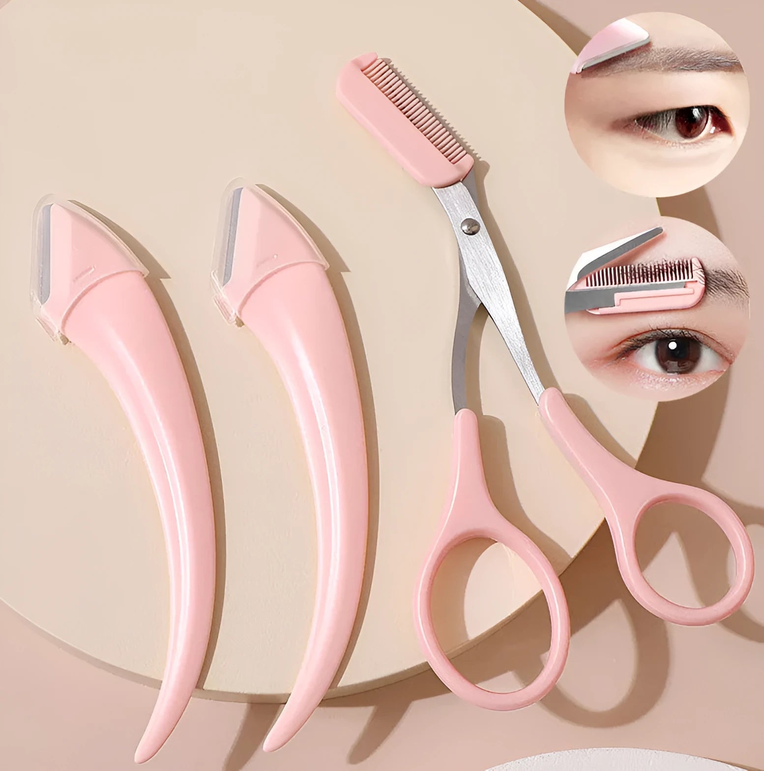 Curved moon-shaped eyebrow trimmer with a cutting comb on a white background.
