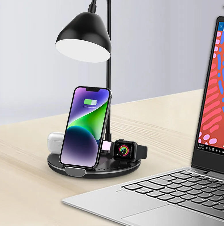 Black and white magnetic folding wireless charger with USB connection measuring 168.3x168x320mm