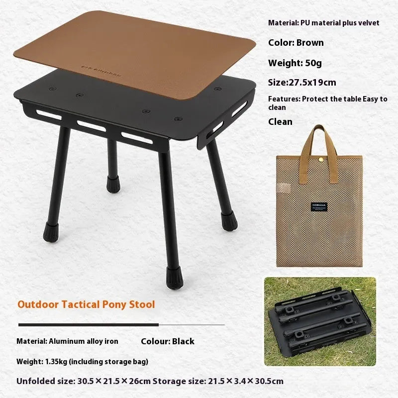 CLS Outdoor aluminium folding camping stool with PU cushion next to its bag that converts into a small table.