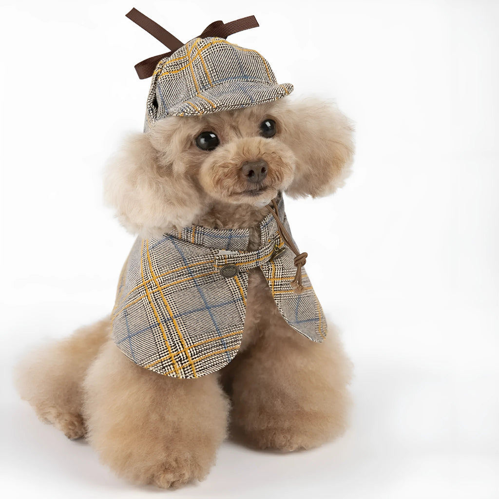 Camel-coloured personalised cotton cloak for a dog, shown with an adjustable hat.
