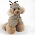 Camel-coloured personalised cotton cloak for a dog, shown with an adjustable hat.