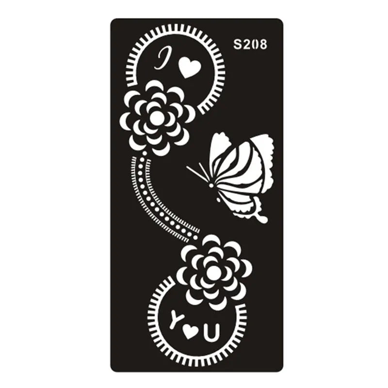 Sheet of hollow geometric and Southeast Asian style temporary tattoo templates on water transfer paper.