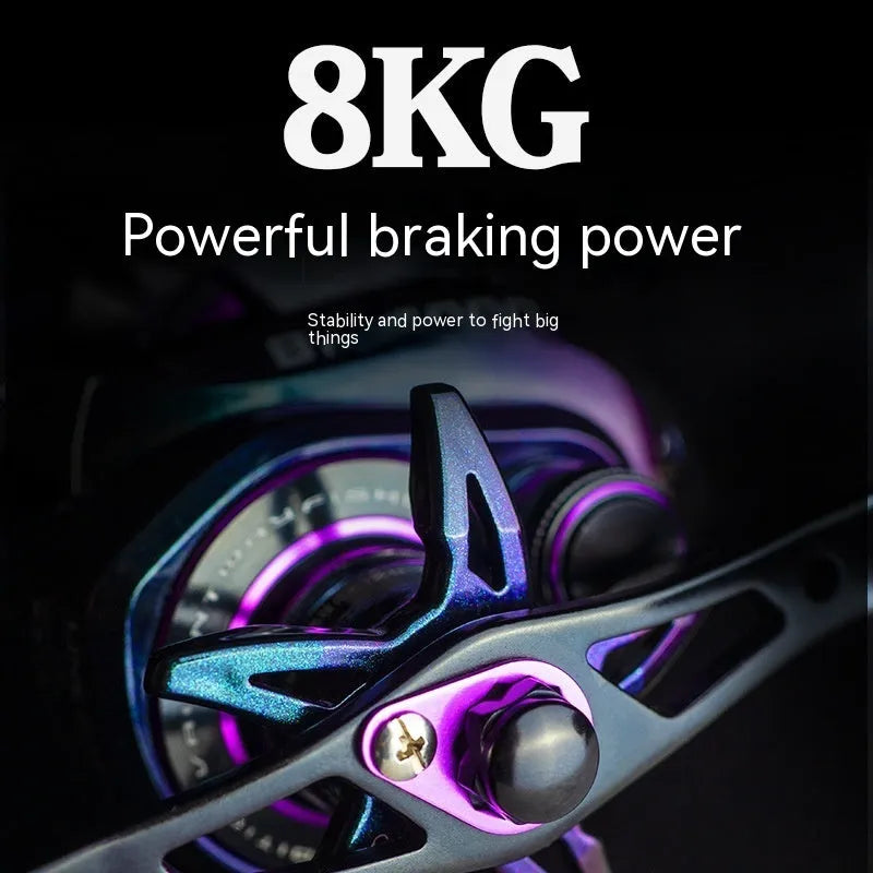 Colourful BM2000 fishing reel with magnetic brake system, shown in left and right-hand retrieve options.