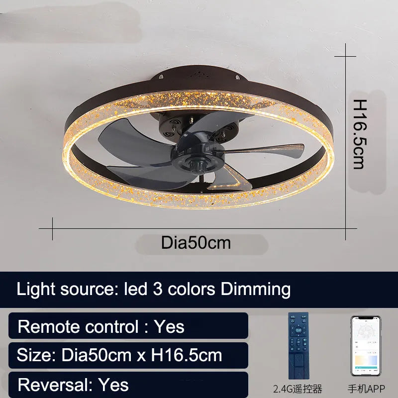 Nordic style ceiling fan lamp with remote control and LED lighting in coffee gold finish