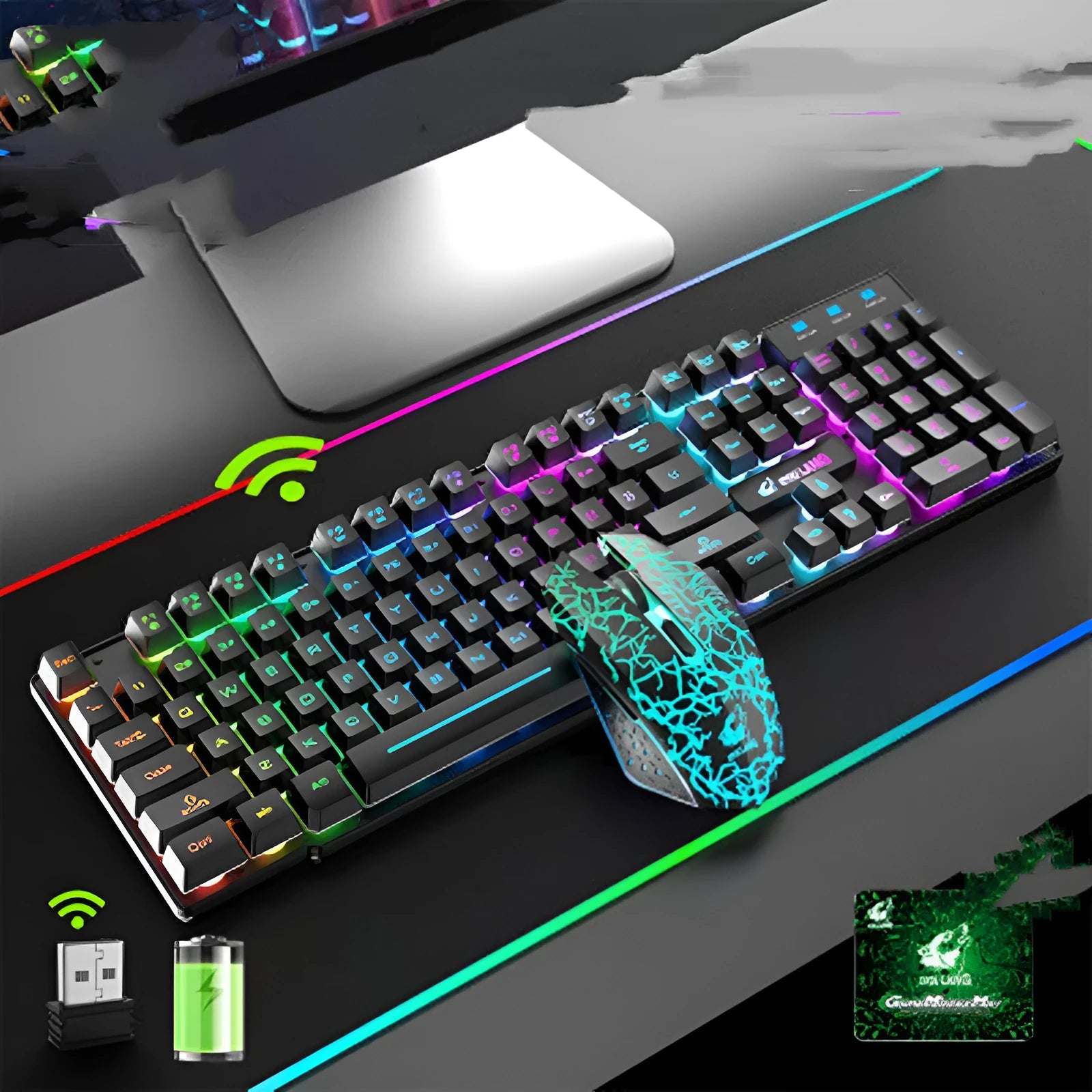 T3 wireless charging keyboard and mouse set with backlight in black, white, or orange colour options