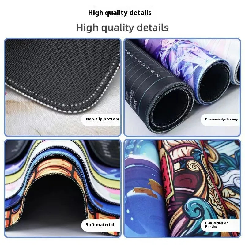 Anime pattern gaming mouse pad with non-slip rubber base on desk surface