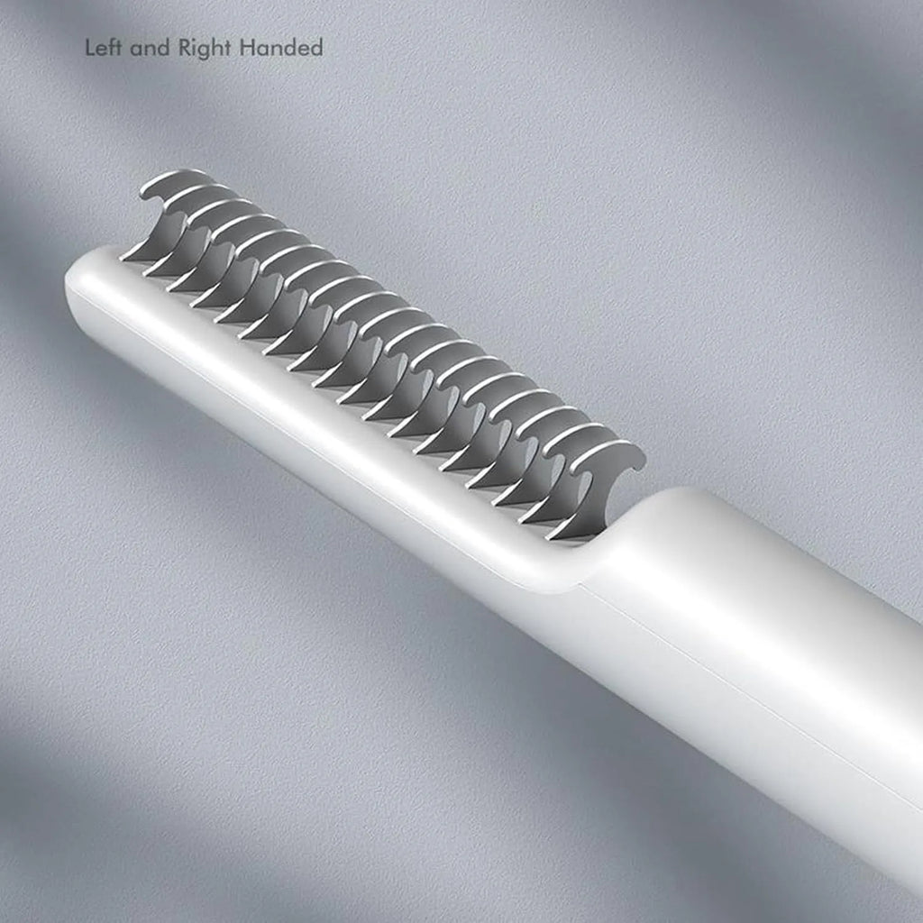 Stainless steel dog dematting comb with a handle, shown in pink and white colour options.
