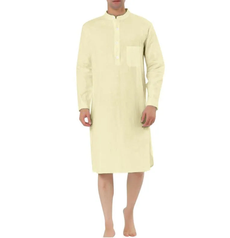 Men's cotton shirt robe in a shirt style with two front pockets, shown in one of nine available colours.