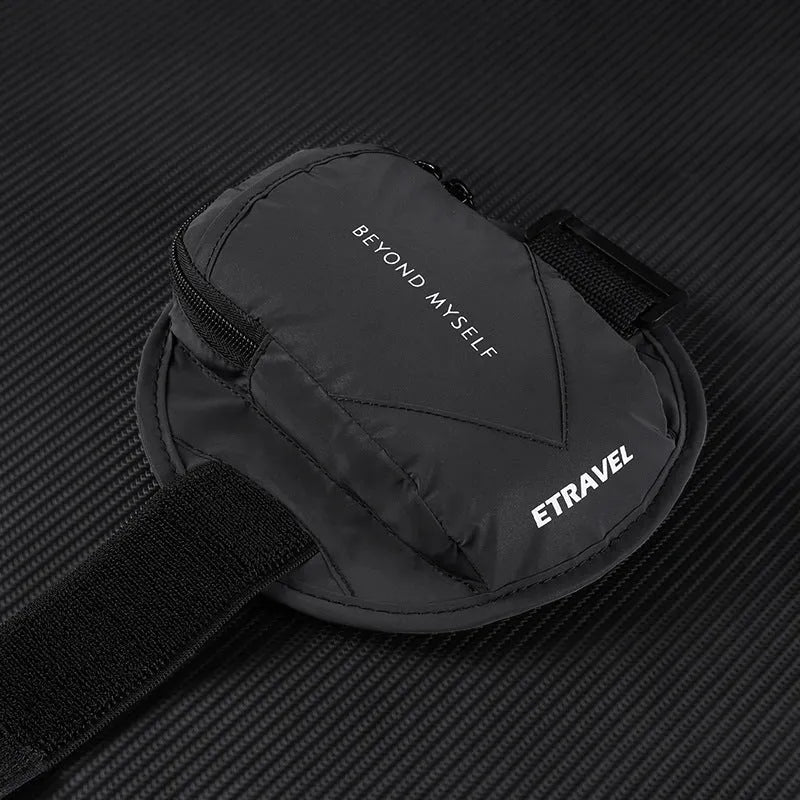 Reflective sports arm bag with strap, shown in fluorescent yellow, black, and silver grey colours.