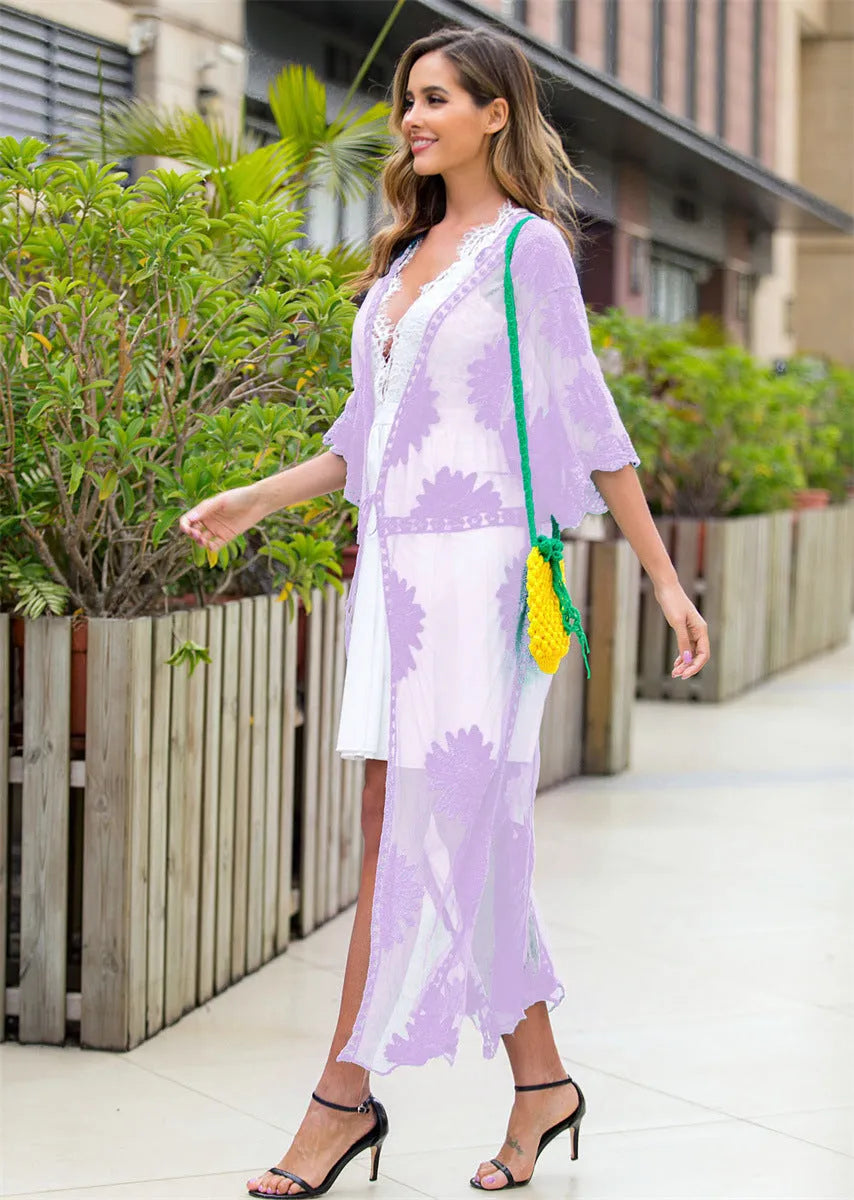 Light purple women's beach dress with lace embroidery detail for swimming and beachwear